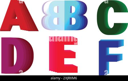 Loghi lettere a, B, C, D, e e F. Lettere alfabetiche colorate. lettere 3d. Illustrazione Vettoriale