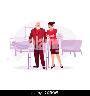 Ritratto di un'infermiera che aiuta un paziente anziano di sesso maschile nella casa di cura utilizzando stampelle a piedi. Illustrazione piatta vettoriale moderna. Illustrazione Vettoriale