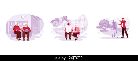 Coppia anziana seduta insieme sul divano. Coppia matura che parla e legge un giornale nel parco. Pittura maschile su tela nel giardino. T Illustrazione Vettoriale