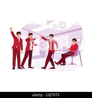 Il team aziendale si è riunito in ufficio per celebrare un progetto di successo e due persone hanno dato cinque voti. Illustrazione piatta vettoriale moderna. Illustrazione Vettoriale