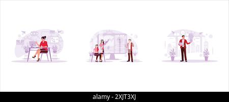 La donna che lavora nel call center ha ricevuto messaggi e lamentele dei clienti in modo amichevole. Dirigente e due dipendenti che hanno un dialogo Illustrazione Vettoriale