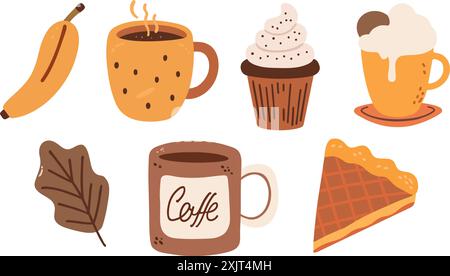 Cibo e bevande autunnali calde, raccolta di doodle vettoriali Illustrazione Vettoriale