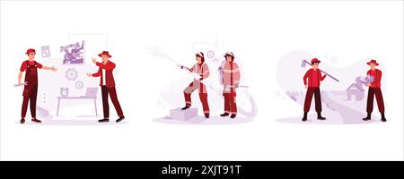 Meccanici professionisti spiegano al cliente. Due pompieri hanno spento il fuoco. Gli agricoltori portano verdure raccolte e prendono zoccoli. vecto alla moda Illustrazione Vettoriale