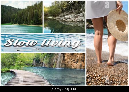 Vita lenta. Collage con foto di passare del tempo vicino all'acqua Foto Stock