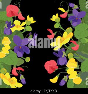 Fiori selvatici vettoriali. Violet, calendula paludosa, pisello dolce. Erbe, piante erbacee da fiore, su sfondo nero. Illustrazione Vettoriale