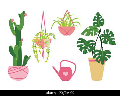Raccolta di piante per la casa in vasi. Monstera, cactus, rami appesi di piante in vasi appesi, lattina da irrigazione. Elementi decorativi degli interni in stile piatto Illustrazione Vettoriale