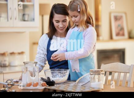 Mamma e figlia felici e cuocere con uova o farina in cucina per dessert, snack o per mescolare gli ingredienti a casa. Mamma che insegna a baker junior, giovane Foto Stock