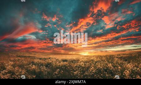 Spettacolare cielo al tramonto con nuvole arancioni su un ampio paesaggio prato fiorito. Uno scenario naturale che emana vastità ed emozione. Foto Stock