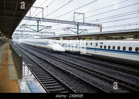 I treni ad alta velocità Shinkansen sono il modo più veloce e conveniente per scoprire il Giappone, con treni che raggiungono una velocità massima di 320 km/h (199 mph). Foto Stock