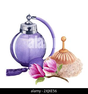 Bottiglia di profumo vintage lilla con spugnetta vintage beige in polvere e magnolia. Illustrazione ad acquerello disegnata a mano isolata su sfondo bianco. Per la progettazione, Foto Stock