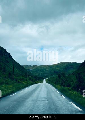 La strada in Norvegia tra verdi montagne va all'orizzonte Foto Stock