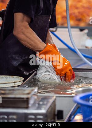 Lavoratore che lava un Colander in un lavandino Foto Stock