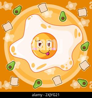 Uovo fritto felice e carino. Illustrazione dei personaggi dei cartoni animati vettoriali. Illustrazione del vettore piatto del cartoni animati. Illustrazione per bambini. Foto Stock