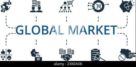 Set di icone del mercato globale. Collezione monocromatica Simple Global Market Icon Collection. Distributore, filiale estera, valuta forte, beni industriali, mercato Illustrazione Vettoriale