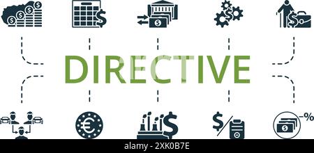 Set di icone della direttiva. Raccolta icone monocromatica Simple Directive. Crescita economica, esercizio finanziario, politica fiscale, servizi finanziari, stipendio finale Illustrazione Vettoriale