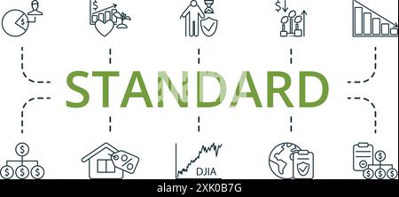 Set di icone di linea sottile standard. Raccolta icone monocromatica Simple Standard. Esternalità, Centro europeo, valore delle imprese, utili per azione, EBITDA Illustrazione Vettoriale