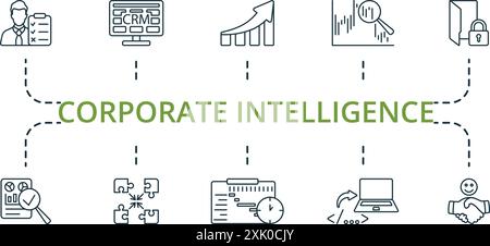 Set di icone della linea sottile di Corporate Intelligence. Raccolta icone monocromatica Simple Corporate Intelligence. Rilevamento dei dati, elaborazione degli eventi, azienda Illustrazione Vettoriale