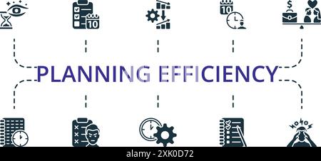 Set di icone efficienza pianificazione. Raccolta icone monocromatica Simple Planning Efficiency. Anticipazione, agenda, gestione delle crisi, nomina, vita lavorativa Illustrazione Vettoriale