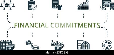 Set di icone impegni finanziari. Raccolta icone monocromatica Simple Financial Commitments. Gold Futures, immobili a noleggio, proprietario, fondi indicizzati Illustrazione Vettoriale