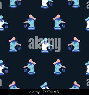 Motivo Seagull Sailor senza cuciture. Stampa in tessuto Marine LIFE Ocean Adventures, design avvolgente per bambini con gabbiani Capitano. Caratteri del mare blu scuro Illustrazione Vettoriale