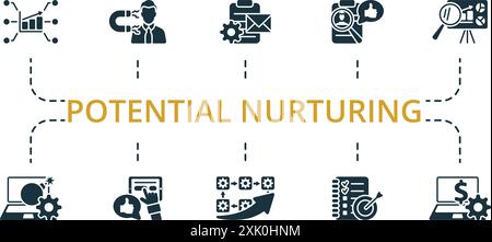 Set di icone di potenziale mantenimento. Raccolta di icone monocromatiche Simple Potential Nurturing. Metriche delle prestazioni, fidelizzazione dei dipendenti, processo di applicazione Illustrazione Vettoriale