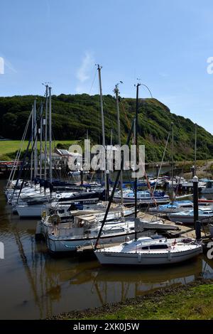 Porto di Axmouth con barche a vela ormeggiate nel Devon, Inghilterra, regno unito Foto Stock