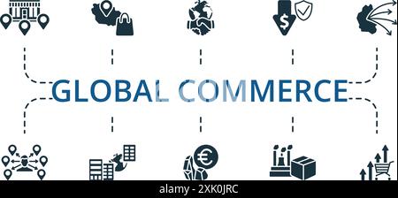 Set di icone commercio globale. Raccolta icone monocromatica Simple Global Commerce. Franchising, zona di libero scambio, impegno globale, assicurazione costi, diretto Illustrazione Vettoriale