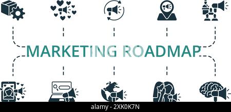 Set di icone della Roadmap di marketing. Raccolta di icone monocromatica Simple Marketing Roadmap. Marketing per partner, conversazione, Social Media Marketing Illustrazione Vettoriale