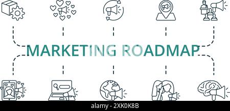 Set di icone delle linee sottili della roadmap di marketing. Raccolta di icone monocromatica Simple Marketing Roadmap. Marketing per partner, conversazione, Social Media Marketing Illustrazione Vettoriale