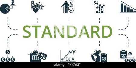 Set di icone standard. Raccolta icone monocromatica Simple Standard. Esternalità, Centro europeo, valore delle imprese, utili per azione, EBITDA Illustrazione Vettoriale