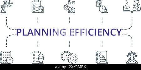 Set di icone di linea sottile per l'efficienza di pianificazione. Raccolta icone monocromatica Simple Planning Efficiency. Anticipazione, agenda, gestione delle crisi, nomina Illustrazione Vettoriale