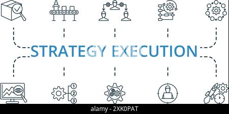 Set di icone della linea sottile per l'esecuzione della strategia. Raccolta di icone monocromatiche Simple Strategy Execution. Controllo qualità, linea di produzione, attività di delega Illustrazione Vettoriale