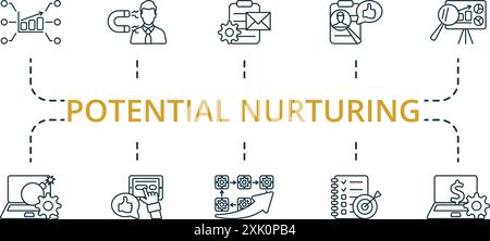 Set di icone linea sottile per il potenziale mantenimento. Raccolta di icone monocromatiche Simple Potential Nurturing. Metriche delle prestazioni, fidelizzazione dei dipendenti, applicazione Illustrazione Vettoriale