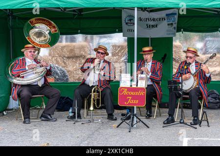 Overton Sheep Fair il 20 luglio 2024. Il tradizionale evento quadriennale si è svolto nel villaggio di Overton, Inghilterra, nel Regno Unito, nell'Hampshire, a partire da una pecora che ha guidato lungo la strada. C'erano molte bancarelle e intrattenimenti, tra cui balli Morris e una varietà di spettacoli di musica dal vivo. Nella foto: Musicisti jazz chiamati Acoustic Jass che suonano musica dal vivo Foto Stock