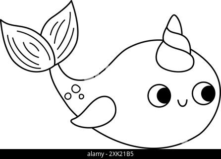 Unicorno Vector in bianco e nero felice. Animale d'acqua fantasia con corno arcobaleno. Personaggio da favola o sirena per bambini. Creatura magica dei cartoni animati l Illustrazione Vettoriale