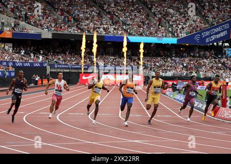 Londra, Regno Unito. 20 luglio 2024. Il traguardo dei 100m maschili al London Diamond League Meeting luglio 2024 crediti: Mark Easton/Alamy Live News Foto Stock