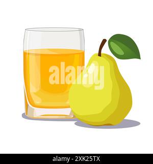 Bicchiere pieno di succo di pera giallo appena spremuto e sano isolato su sfondo bianco. Illustrazione vettoriale in stile piatto con bevanda dietetica. Riepilogo Illustrazione Vettoriale