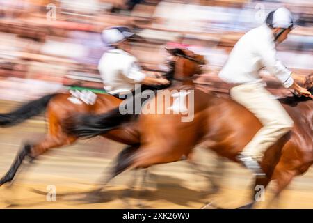 Il primo giorno del Palio, fantini e cavalli locali prendono parte a Una serie di "batterie". (Trials») in piazza, il Palio, Siena, Italia. Foto Stock