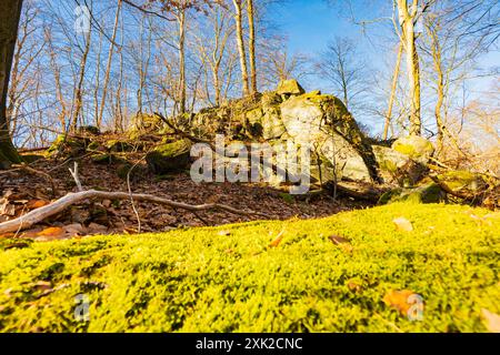 Poche piccole e gigantesche formazioni rocciose accanto al sentiero di montagna durante il giorno di sole in inverno Foto Stock