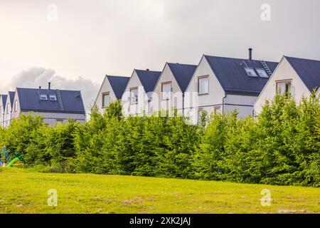 Vista pittoresca di ville moderne e uniformi in legno in un villaggio europeo, circondate da alberi di conifere recintati, che mescolano natura e vita contemporanea. Foto Stock