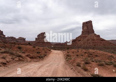 Una strada sterrata si snoda attraverso la panoramica Valle degli dei nello Utah, incorniciata da spettacolari formazioni rocciose sotto un cielo nuvoloso Foto Stock