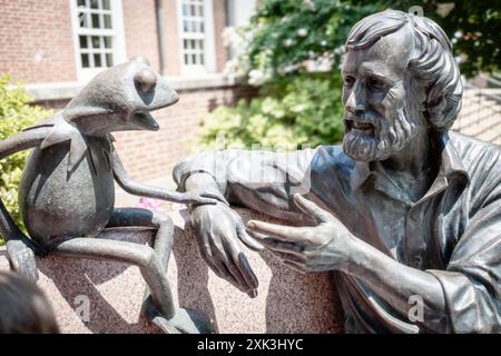 COLLEGE PARK, Maryland, Stati Uniti - il Jim Henson Memorial presso l'Università del Maryland presenta una statua in bronzo del famoso burattinaio con la sua famosa creazione, Kermit the Frog. Henson, un ex allievo dell'Università del Maryland, è raffigurato seduto su una panchina in una posa rilassata. Il memoriale, situato fuori dalla Adele H. Stamp Student Union, onora l'eredità creativa di Henson e il suo legame con l'università. Foto Stock