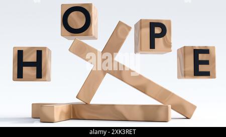 Rendering 3D di quattro cubi di legno isolati, ciascuno con una lettera della parola "SPERANZA" Foto Stock