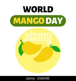 Giornata Mondiale del Mango. 22 luglio. Due mango con foglia isolata su forma rotonda gialla su sfondo bianco. Post e modello sui social media. Illustrazione Vettoriale