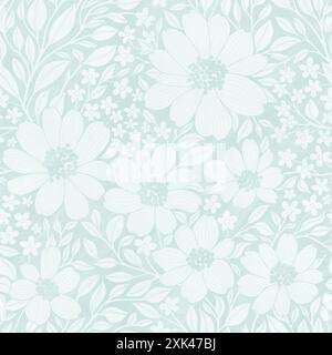 Motivo floreale senza cuciture di fiori e foglie blu pastello con trama, ideale per tessuti, superfici, carte da parati, carta da imballaggio, tessuti, stampe, Package Design, Moda, prodotti di bellezza Foto Stock