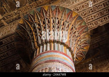 Antiche incisioni e decorazioni egiziane sulle colonne e sul soffitto del tempio Khnum a Esna, Luxor, Egitto Foto Stock