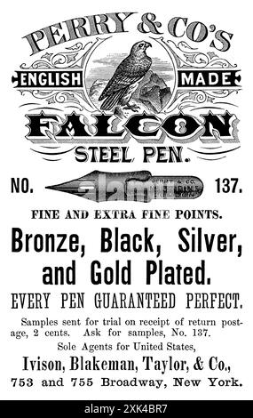 1886 pubblicità statunitense per i pennini in acciaio Perry & Co. Foto Stock