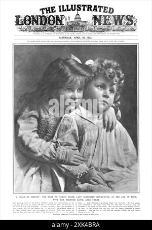 Copertina vintage della rivista The Illustrated London News dal 28 aprile 1923, che mostra Lady Elizabeth Bowes-Lyon, di 4 anni, con suo fratello l'onorevole David Bowes-Lyon, di 3 anni. Foto Stock