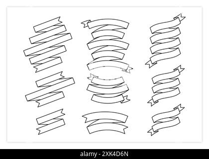 Illustrazione del set di vettori per striscioni a nastro della linea del contorno. Ampia collezione di nastri con tratti neri di forme diverse ed etichette curve con spazi vuoti per me Illustrazione Vettoriale