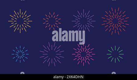 Set di motivi per i fuochi d'artificio delle star della celebrazione. Collezione piatta e colorata di motivi pirotecnici a forma di stella isolata su sfondo blu. Festa di Capodanno Illustrazione Vettoriale